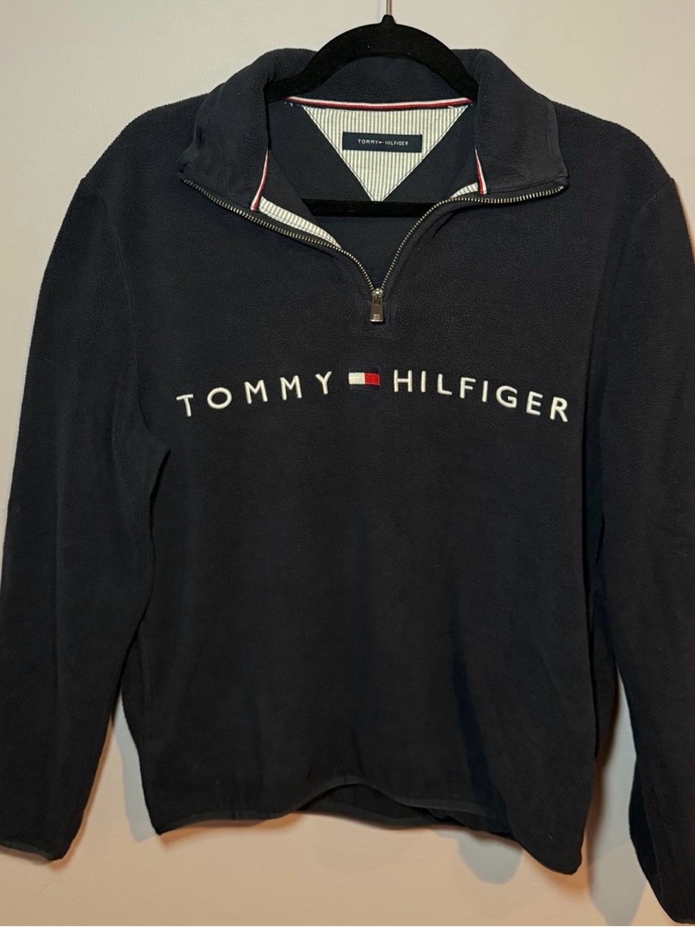 Women Tommy Hilfiger Navy quarter zip Sweat shirt with Signature Trim size M - Picture 1 of 4